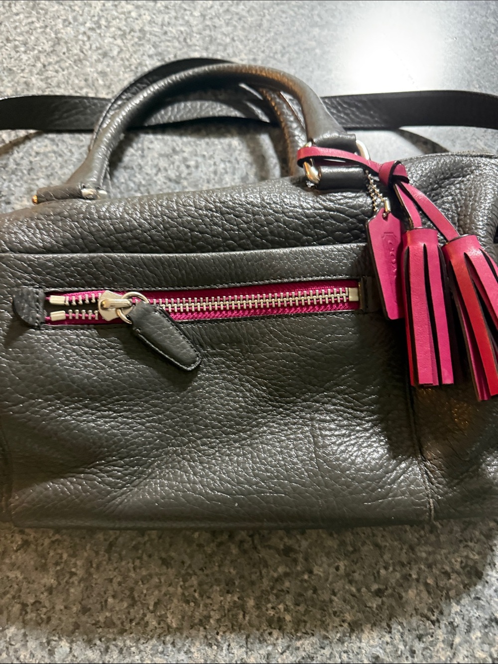 Coach Black Leather Satchel with Pink Tassel and Zipper Trim